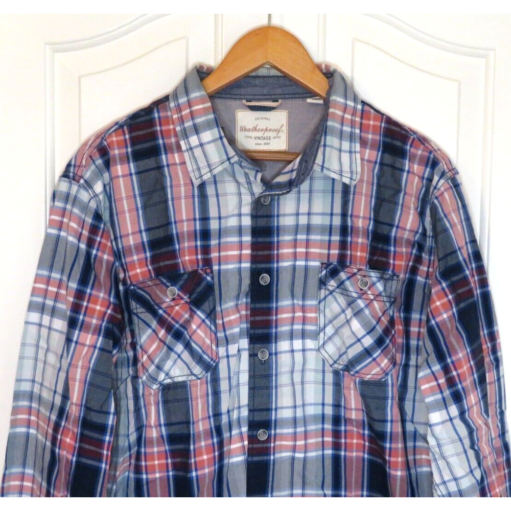 Weatherproof Vintage Men's Cotton Button Shirt Plaid Western Blue Orange Size XL